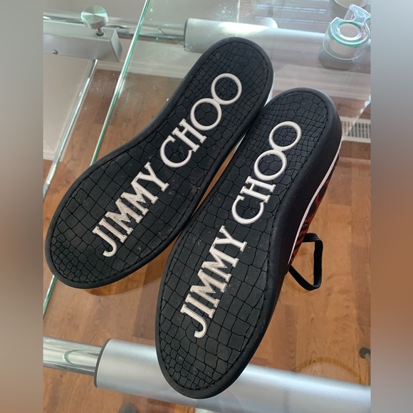 JIMMY CHOO Red/Black Leopard print Saffiano Leather Sneakers. Size 42 Menβs - Picture 3 of 6